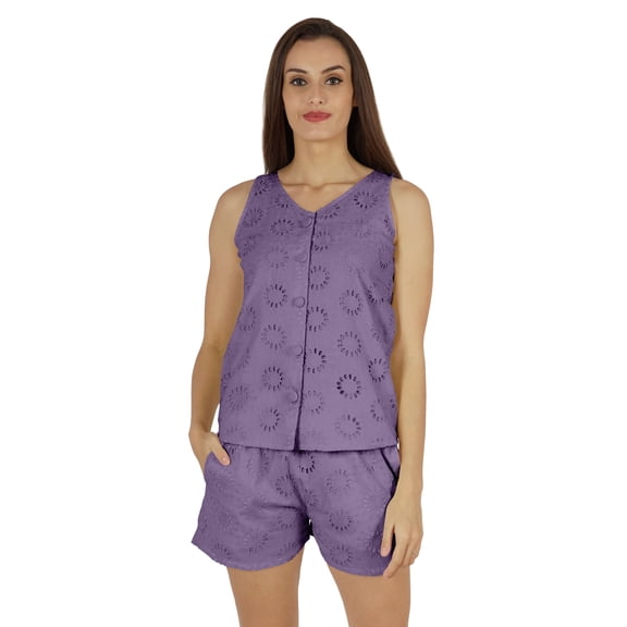 Bimba Solid Schiffli Top And Short Nightwear Set For Womens Casual 2pcs Sexy Lounge Sleepwear