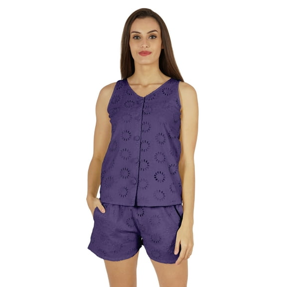 Bimba Solid Schiffli Top And Short Nightwear Set For Womens Casual 2pcs Sexy Lounge Sleepwear
