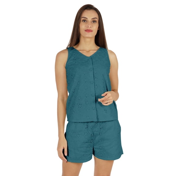 Bimba Solid Schiffli Top & Short Nightwear Set For Womens Casual 2 pcs Sexy Lounge Sleepwear Set