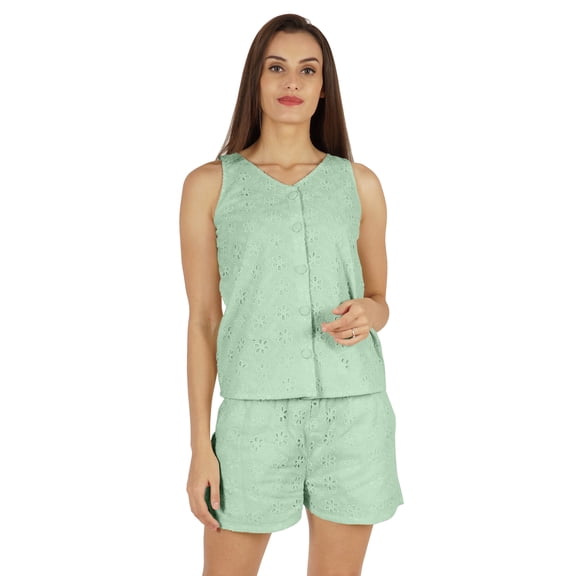 Bimba Solid Schiffli Top & Short Nightwear Set For Womens Casual 2 pcs Sexy Lounge Sleepwear Set