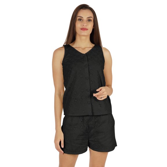 Bimba Solid Schiffli Top & Short Nightwear Set For Womens Casual 2 pcs Sexy Lounge Sleepwear Set