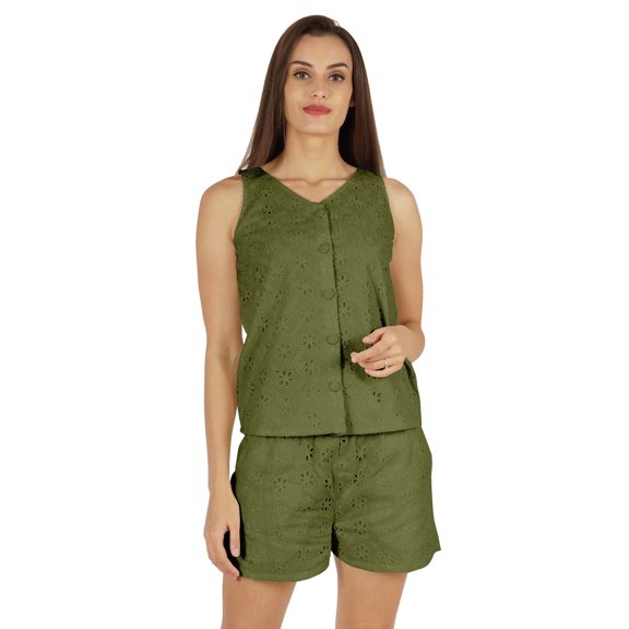 Bimba Solid Schiffli Top & Short Nightwear Set For Womens Casual 2 pcs Sexy Lounge Sleepwear Set