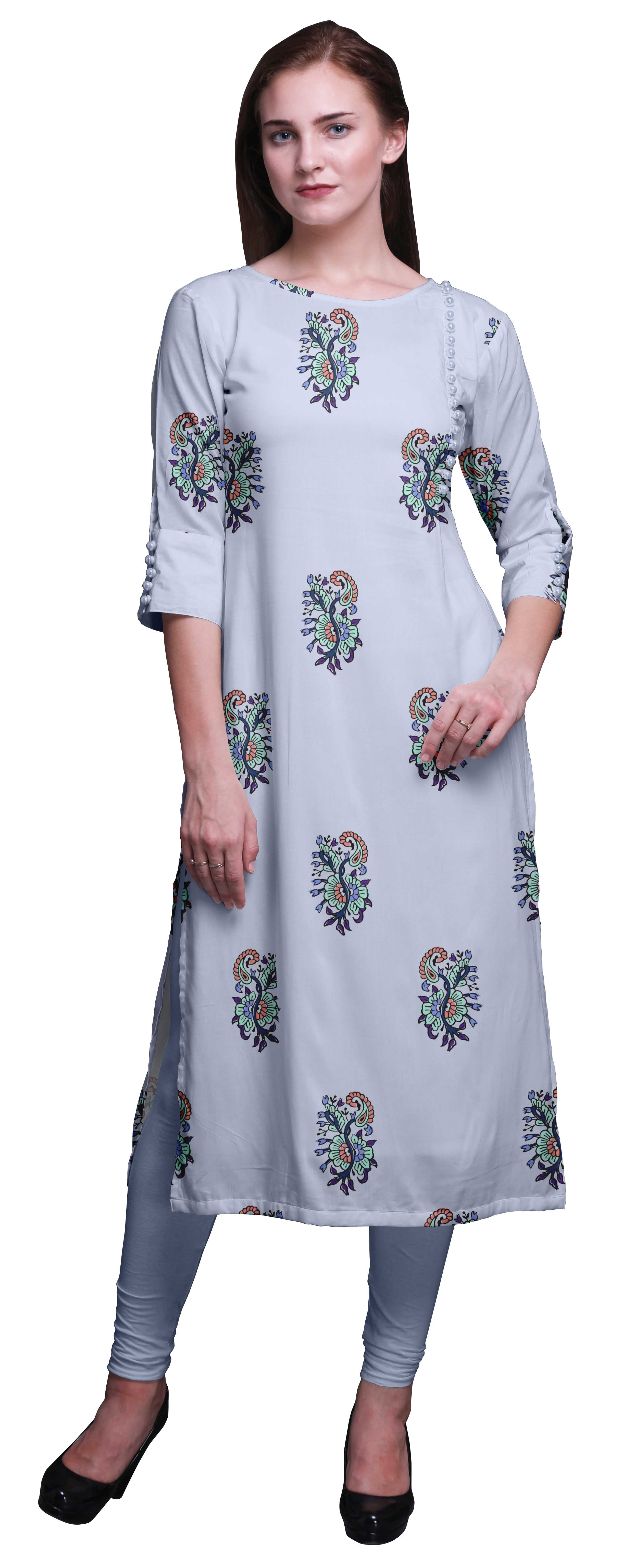 Bimba Women's Long Straight Printed Kurti – 3/4 Sleeve Indian Tunic Dress In Cotton Modal - View #12