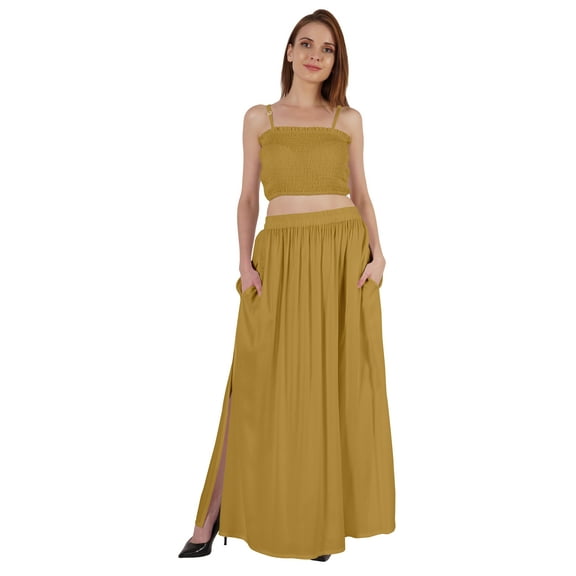 Bimba Summer Partywear Sexy Dress 2 Pieces For Women Smocked Crop Top & Long Skirt Set W/ Pockets