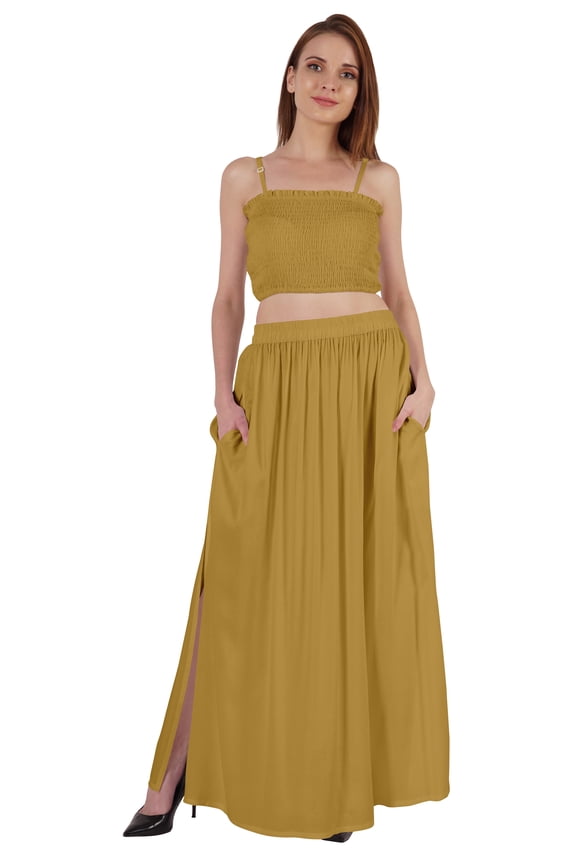 Summer Partywear Sexy Dress 2 Pieces For Women Smocked Crop Top & Long Skirt Set W/ Pockets