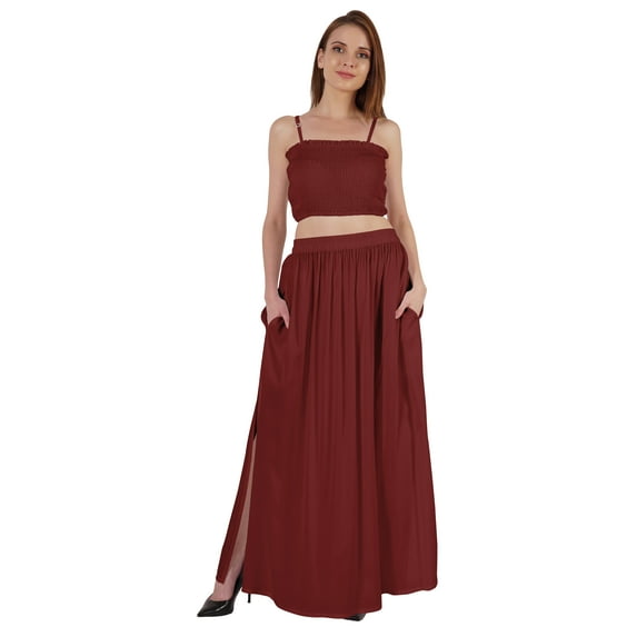 Bimba Summer Partywear Sexy Dress 2 Pieces For Women Smocked Crop Top & Long Skirt Set W/ Pockets