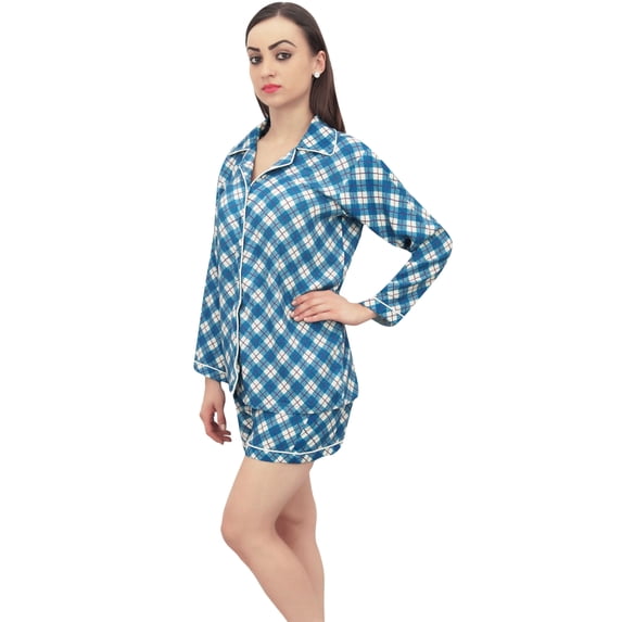 Bimba Teal Blue Button-Down Nightwear 2 Pcs Shirt With Elastic Waist Shorts - 10