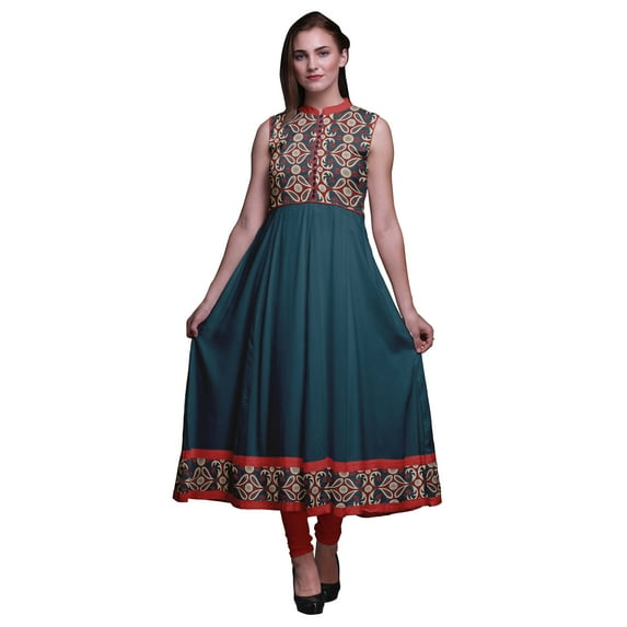 Bimba Teal Blue Paisley Anarkali Dress For Women Indian Ethnic Printed Kurti Long Kurta Party Dress X-Small
