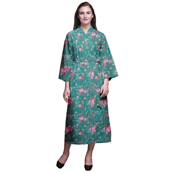 Bimba Teal Green Floral Stripe,Leaves & Rose Long Printed Kimono Robes For Women Bridesmaid Robes Cotton Bathrobes M