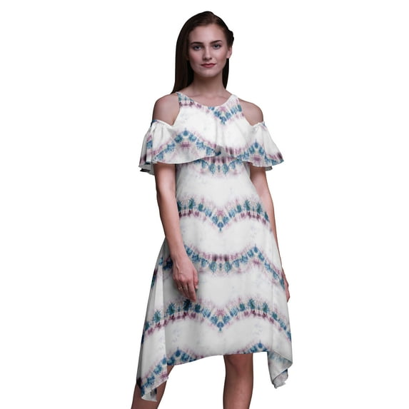 Bimba Tie-Dye Print Women’s Chic Style Cold Shoulder Shift Dress Summer Tunic -Large