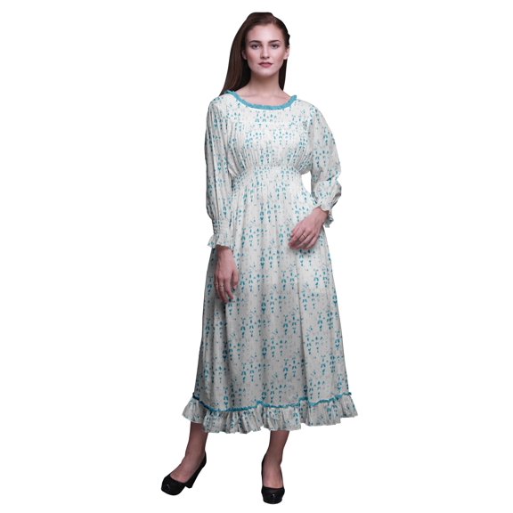 Bimba Tie-Dye Women Long Sleeve SmockedÂ DressÂ Round Neck Ruffle Summer Maxi-Large