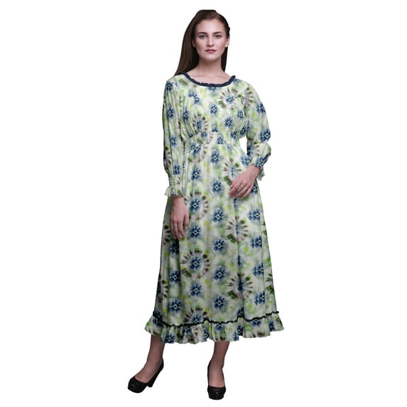 Bimba Tie-Dye Women Long Sleeve Smocked Dress Round Neck Ruffle Summer Maxi-X-Large