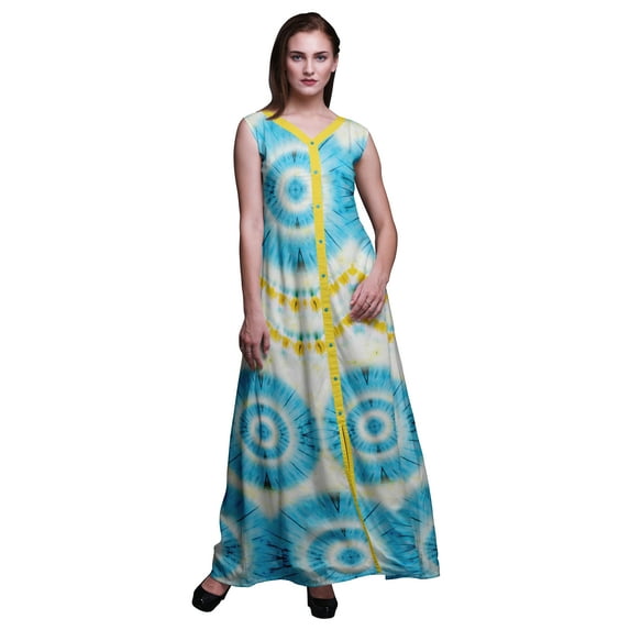 Bimba Tie-Dye Women V Neck Sleeveless Front Slit Casual Maxi Printed Boho Dress-XXX-Large