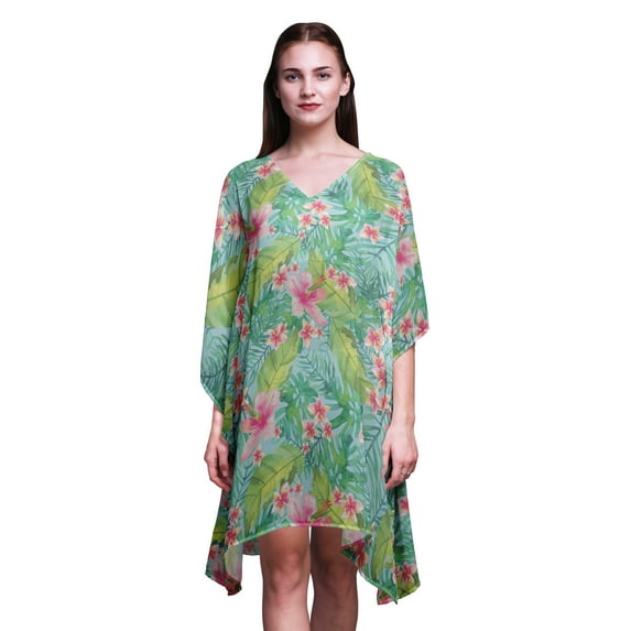 Bimba Tropical Womens Short Beach Kaftan Beachwear Bikini Coverup Midi Dress-S-L Baby Blue