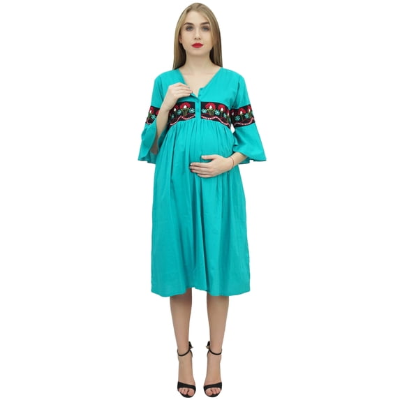 Bimba Turquoise Women's Embroidered Ruffle Sleeve Nursing Maternity Maxi Dress - 14