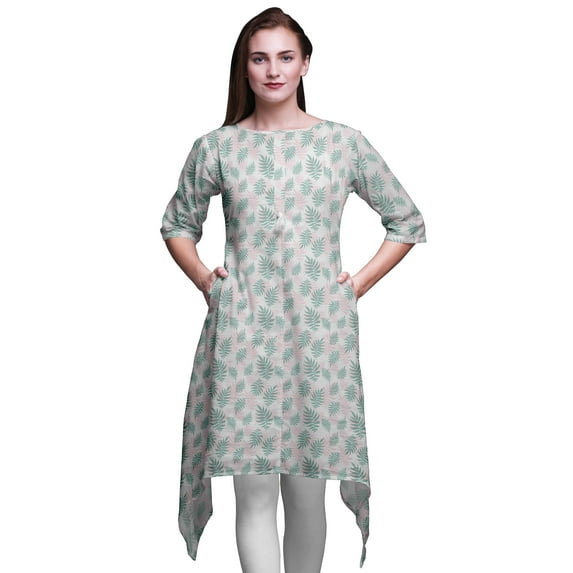 Bimba White Artistic Leaves Asymmetric Kurta Indian Tunic Tops For Women Printed Indian Clothing X-Large