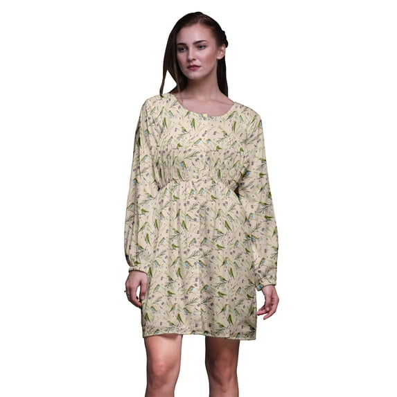 Bimba White Blue Berries & Flowerpecker Bird Button Down Midi Shift Dress Women Shirt Summer Causal Tunic-Large