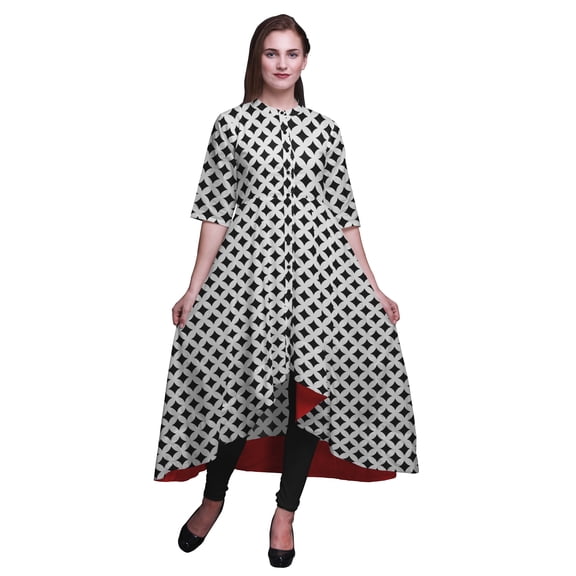 Bimba White Curve Diamond Geometric Indian Kurtis For Women Anarkali Kurti Printed Long Asymmetrical Regular Fit Tunic-Medium