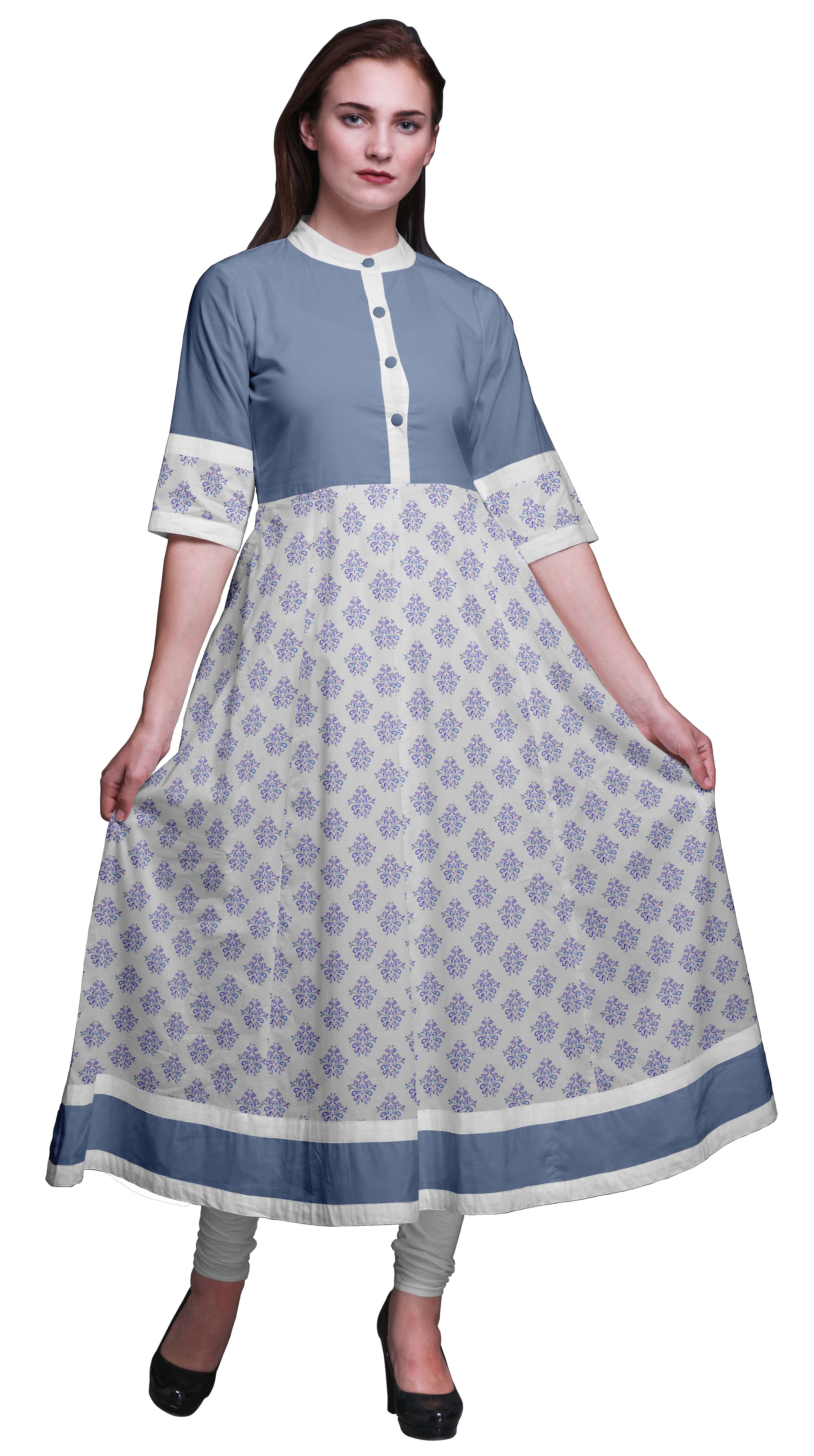 Bimba Blue Leaves & Floral Block Printed Anarkali Dress Long Kurti For  Women Indian A Line Casual Top Tunic -X-Large - Walmart.com