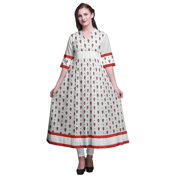 Bimba White Leaves & Floral Block Print Anarkali Flared Kurti Classic Blouse Ethnic Dress For Ladies Large
