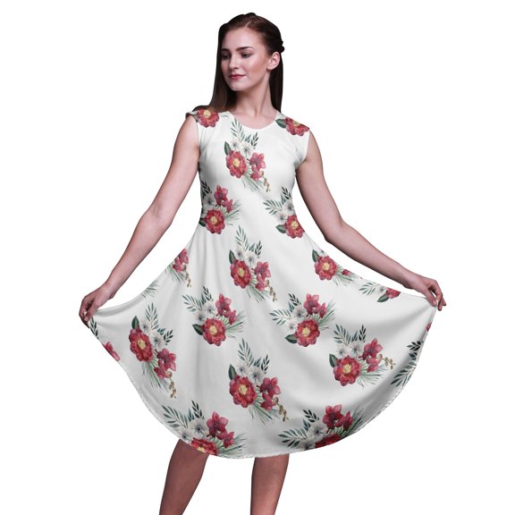 Bimba White Peony & Anemone Floral Women Knee Length Sleeveless Casual Summer Sun Tank Dress-X-Large