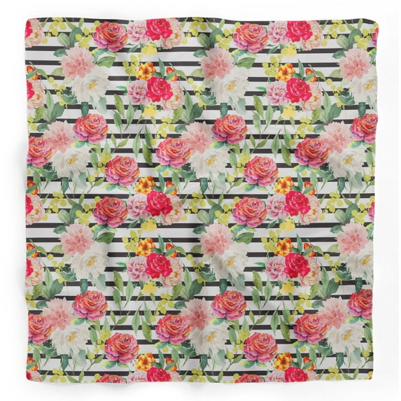 Bimba White Stripe & Grandiflora Roses Floral Printed Pure Silk Scarf Neck Wrap Summer Hair Bandanas For Women 40 x 40 Inches