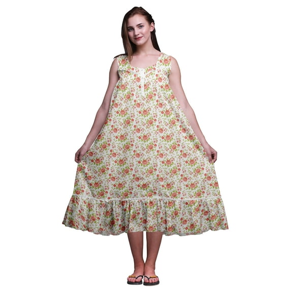 Bimba White10 Floral Leaves & Peony Mid Calf Nightwear Ladies Cotton Printed Sleeveless Night Gown Maxi Dress X-Large