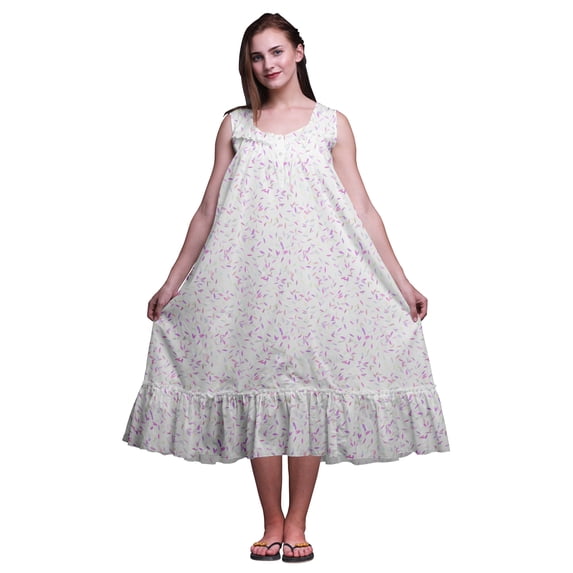 Bimba White2 Leaves Colorful Sleeveless Cotton Nightgowns For Women Printed Mid-Calf Length Sleepwear XX-Large