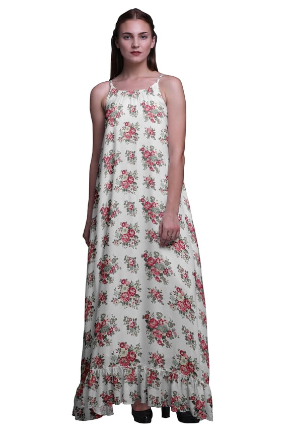 White3 Floral Leaves & Begonia Printed Nightwear For Women Long Spaghetti Strap Maxi Dress Sleepwear Gown Medium