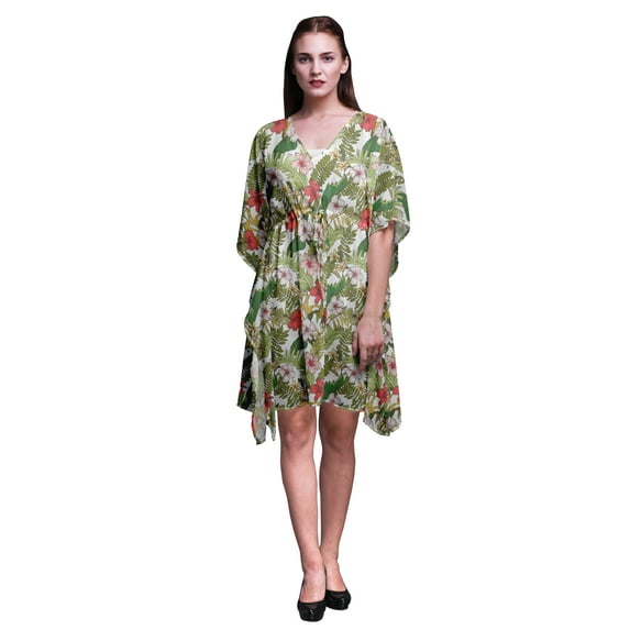 Bimba White3 Floral Tropical Leaves & Short Caftan Midi Dress Beach Swimwear Cover up Womens Kaftan-4X-5X