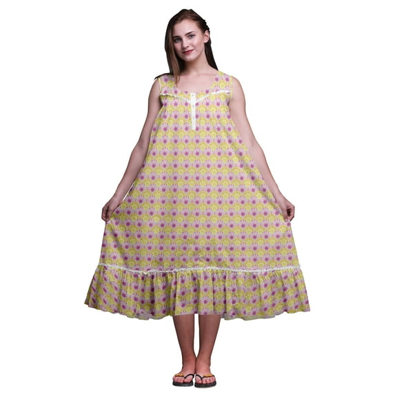 Bimba White33 Mandala Multicolor Sleeveless Night Gown For Womens Cotton Printed Nightwear Ladies Sleepwear Large