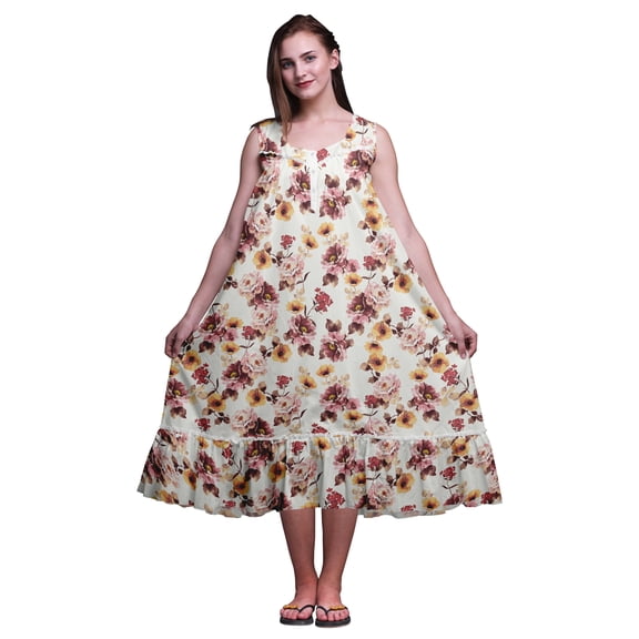 Bimba White41 Floral Peony & Buttercup Mid Calf Nightwear Ladies Cotton Printed Sleeveless Night Gown Maxi Dress XXX-Large