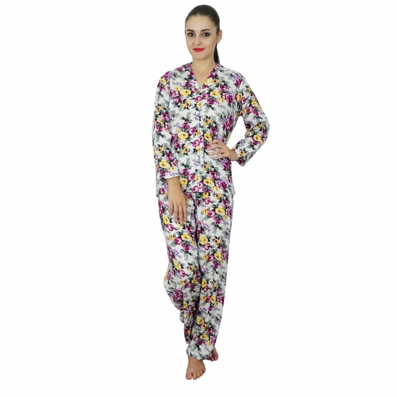 Bimba Women 2 Piece Pajama Set Rayon Night Wear Floral Print Long Sleeve