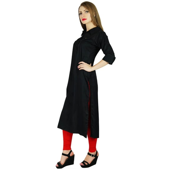 Bimba Women 3/4 Sleeve Formal Black Tunic Collar Neck Casual Kurta Kurti