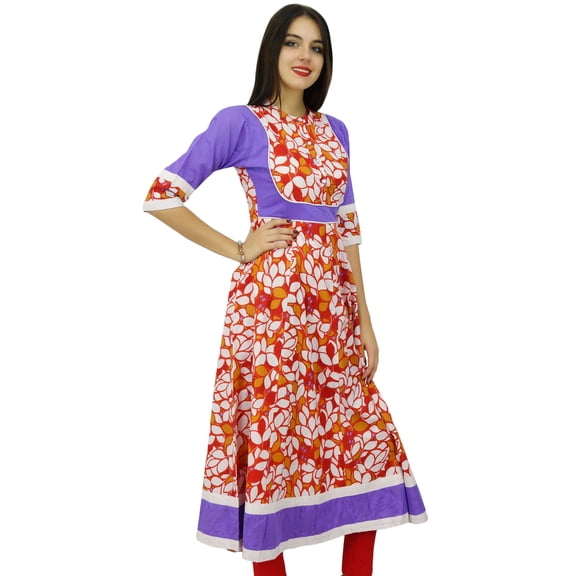 Bimba Women 3/4 Sleeve Printed Cotton Kurti Long A-line Ladies Kurta Dress