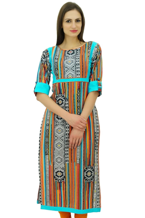 Women 3/4 Sleeve Printed Straight Cotton Kurti Ladies Kurta Dress Ethnic Tunic