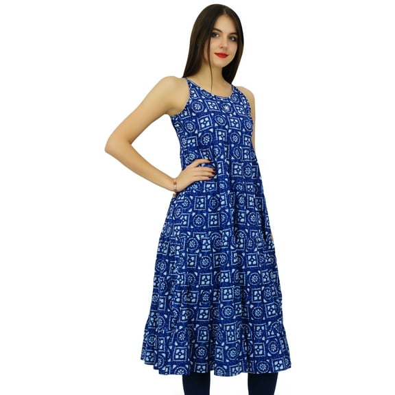 Bimba Women A-Line Flaired Cotton Dress Summer Wear Blue Printed Kurta Kurti Beach Clothing