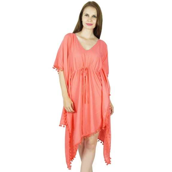 Bimba Women Asymmetrial Cotton Kaftan Peach Rayon Caftan With Pom-Pom Beach Coverup