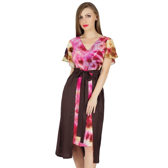 Bimba Women Asymmetrical Shift Dress Mid-Calf Chic Style Rayon Day Short Dresses