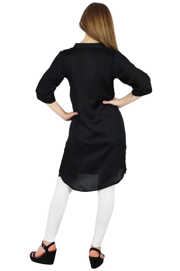 Women Black Cotton Blend Tunic Short Kurta Kurti Casual Blouse Summer Wear