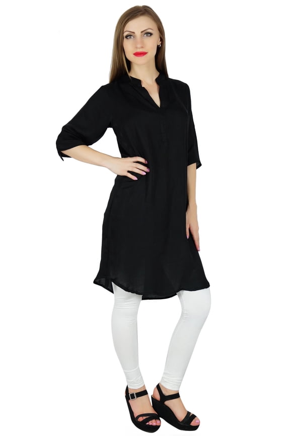 Women Black Cotton Blend Tunic Short Kurta Kurti Casual Blouse Summer Wear