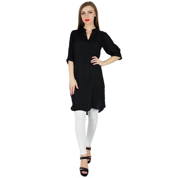 Bimba Women Black Cotton Blend Tunic Short Kurta Kurti Casual Blouse Summer Wear