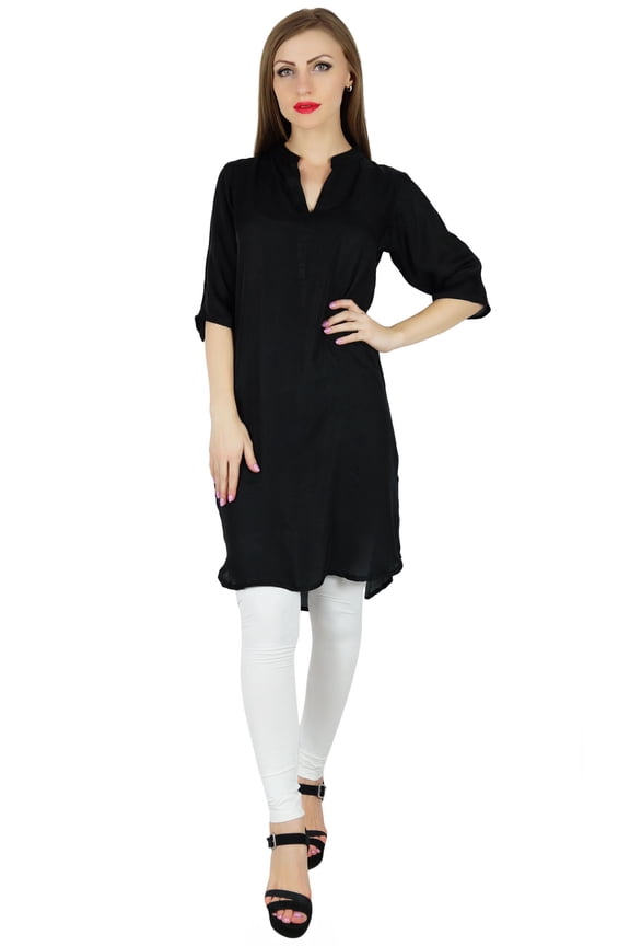 Women Black Cotton Blend Tunic Short Kurta Kurti Casual Blouse Summer Wear