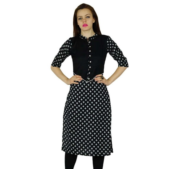 Bimba Women Black Cotton Classic Chic Kurta Kurti 3/4 Sleeve Tunic Formal