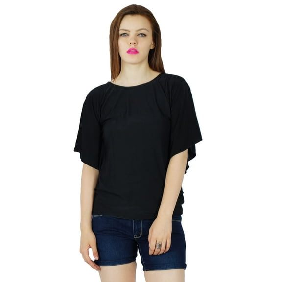 Bimba Women Black Custom Spandex Top Kimono Sleeve Scoop Neck Casual Blouse
