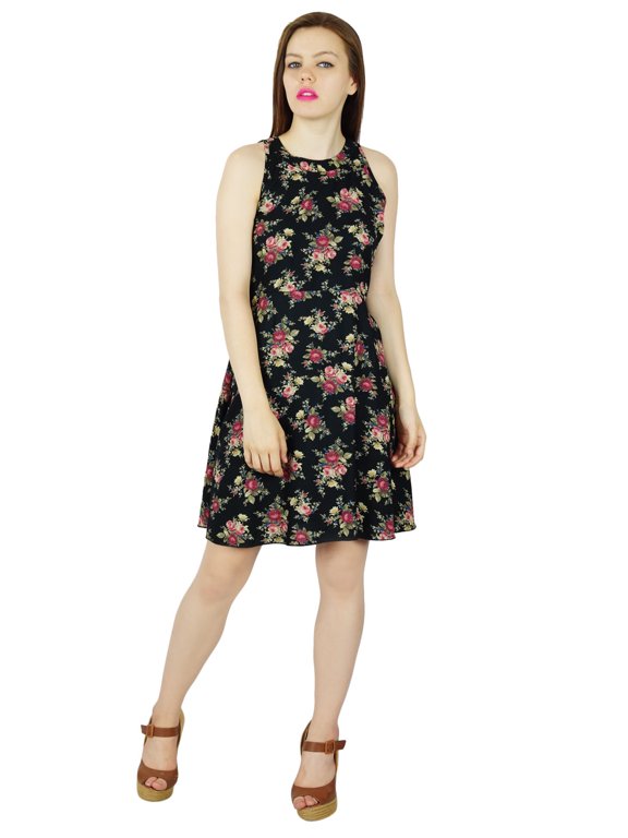 Women Black Floral Rayon Dress Sleeveless Classic Chic Summer Clothing