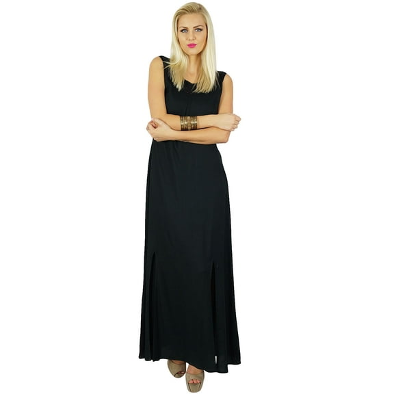 Bimba Women Black Maxi Dress Beaded Neck Sleeveless Gown & Front Slits