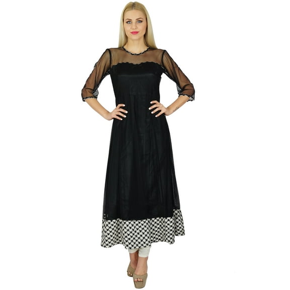Bimba Women Black Net Anarkali custom Kurti Sheer Sleeve Indian Blouse Indowestern Kurta