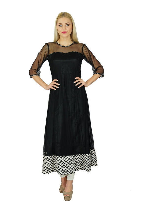 Women Black Net Anarkali custom Kurti Sheer Sleeve Indian Blouse Indowestern Kurta