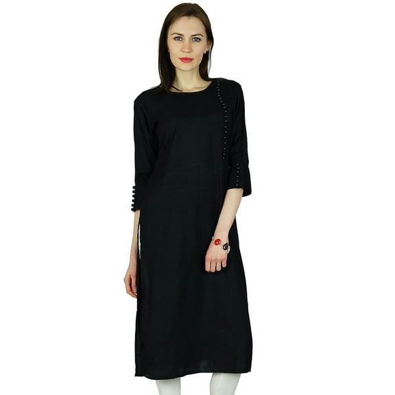 Bimba Women Black Rayon Kurta Kurti 3/4 Sleeve Formal Casual Tunic Blouse